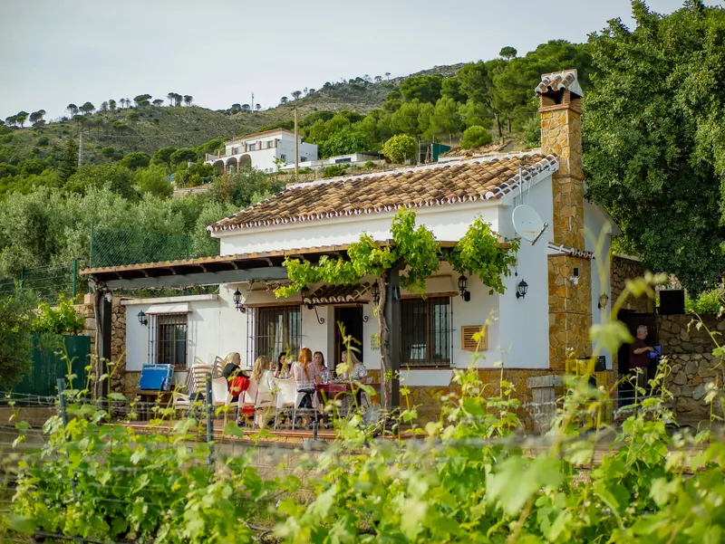 Guests enjoying a private tasting on the farmhouse terrace