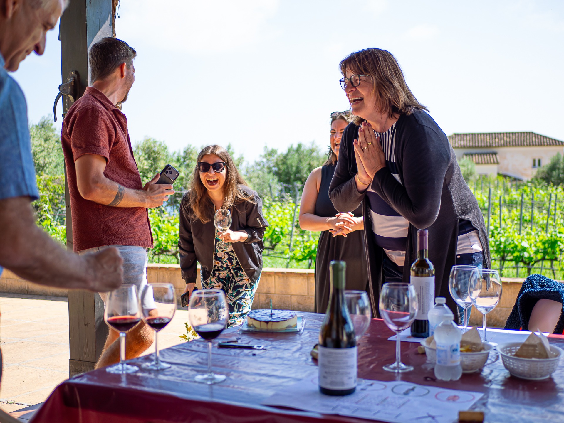 Private celebration group enjoying wine in a vineyard setting near Malaga.