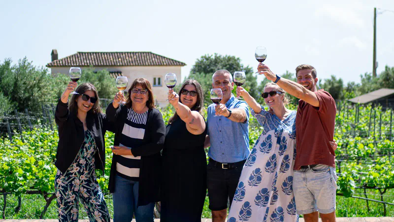 Guests and hosts raising their glasses together in a Málaga vineyard.