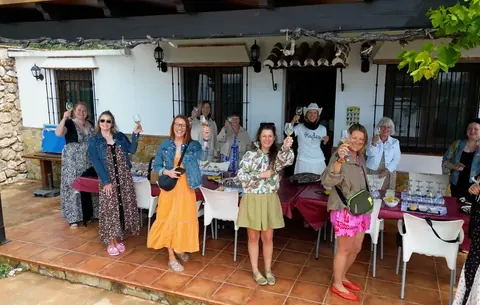A group raising their glasses after a shared vineyard experience in Málaga.