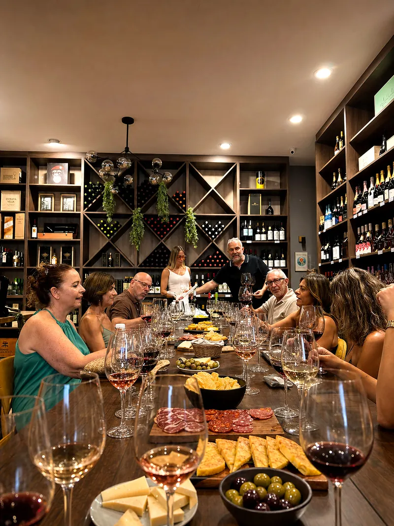 Guests enjoying a guided wine tasting with food in central Málaga