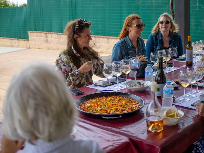 Company group tasting wine and sharing food near Malaga.