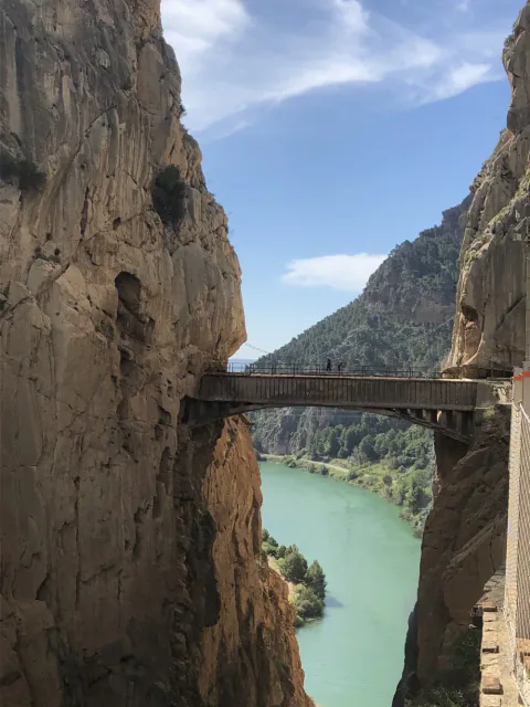 Caminito del Rey gorge, bridge and turquoise water.