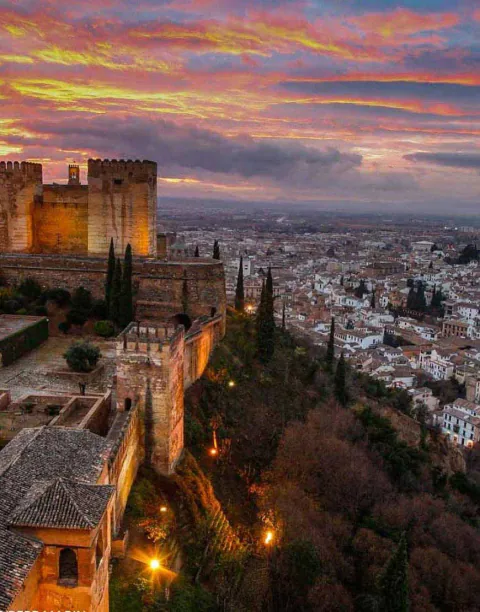 Granada and the Alhambra at sunset.