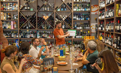 Small group enjoying a private Málaga city wine tasting.