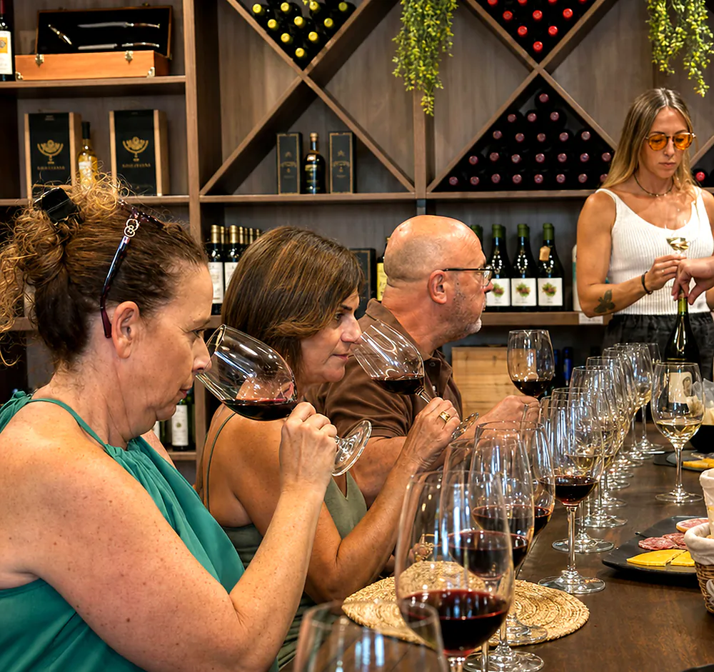 Guests comparing the aroma of red wine while Rosario prepares the next pour.