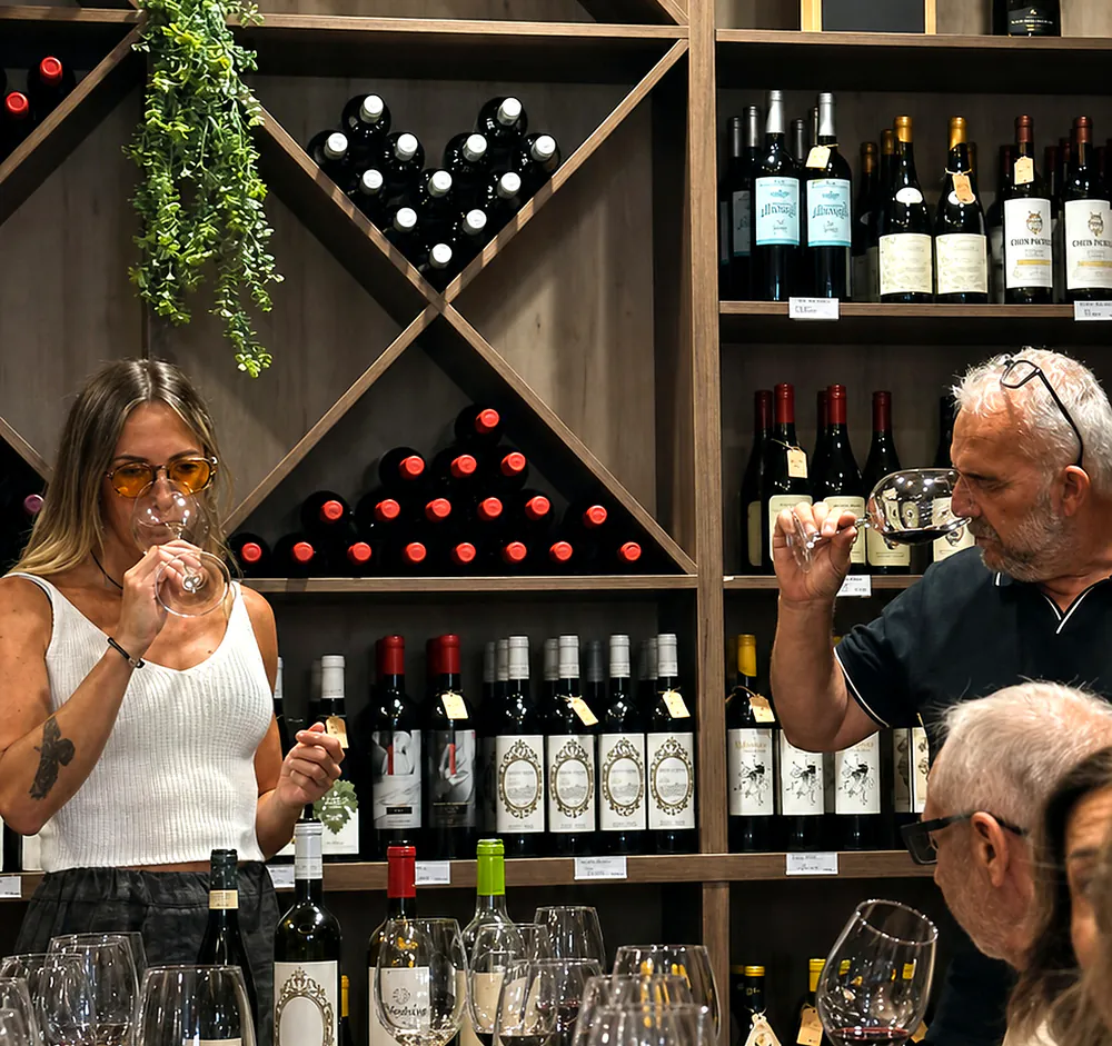 Rosario and Antonio checking the wine aromas beside guests at the shared tasting table.