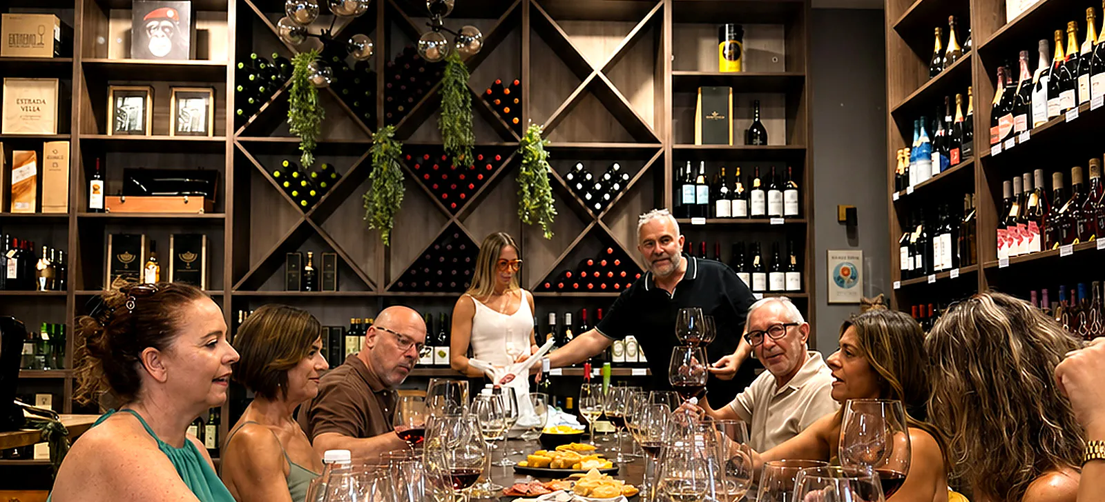 Rosario and Antonio hosting a lively small-group wine tasting in central Málaga.