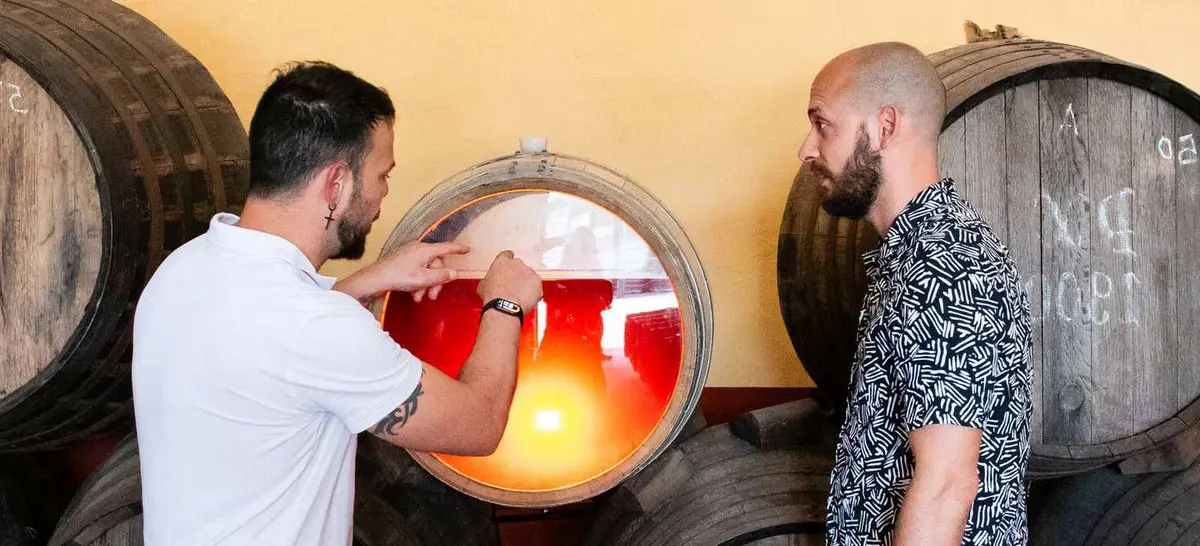 Cooperative worker explaining wine production beside traditional wooden barrels.