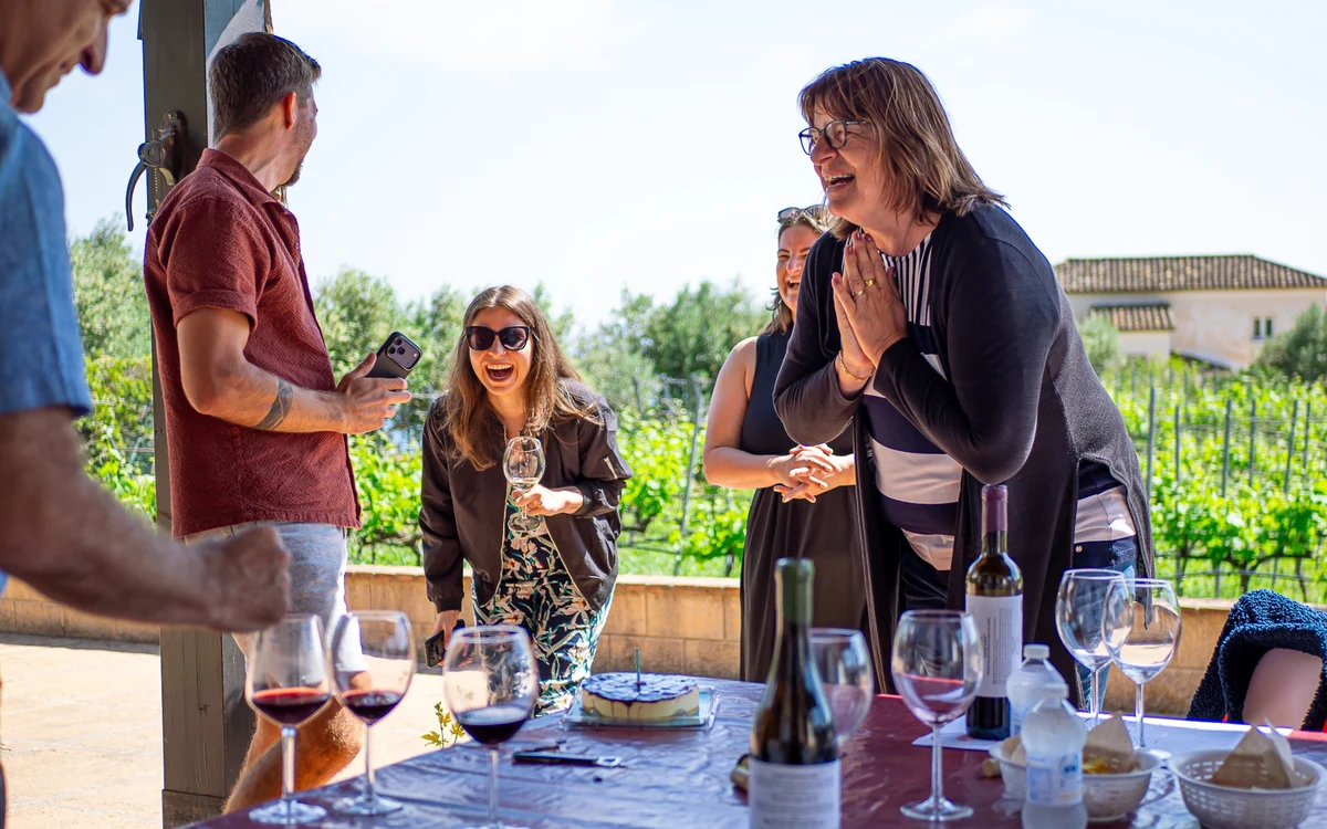 Guests celebrating a birthday during a private wine tour.