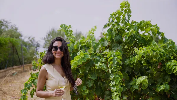 Guest holding a glass of wine among vines in Mijas.