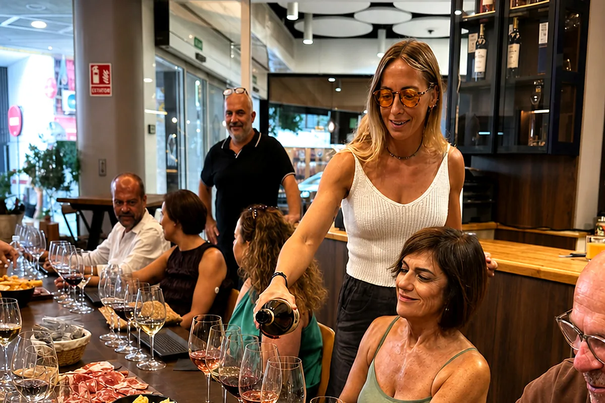 Wine tasting in a M&aacute;laga wine shop with guests and local host.